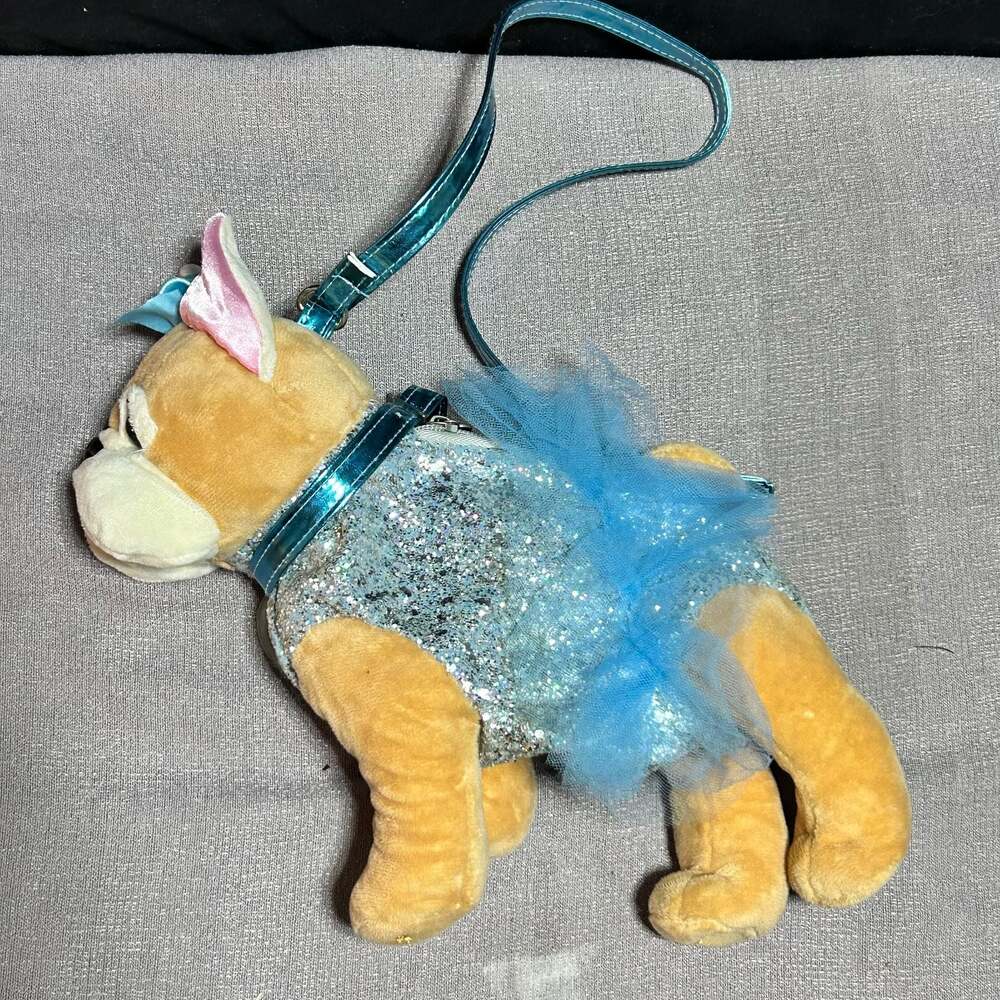 Poochie & Co. French Bulldog Plush Toy Purse with Silver Glitter Tutu and Teal S